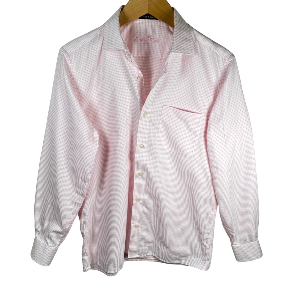 Louis Philippe‎ Mens Pink Gingham Dress Shirt Long Sleeve Premium Cotton Size 44